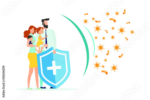Immune system vector logo icon. Protection against bacteria, health viruses. A healthy family is behind the shield, and the shield repels the attack of bacteria. Boost immunity using medicine concept 