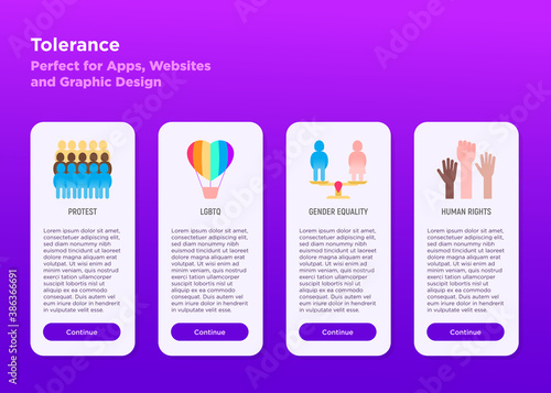 Mobile user interface with torelance flat icons: protest, LBGT, gender equality, human rights. Vector illustration, template with copy space.