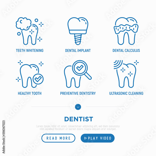 Dentist thin line icons set: caries under magnifier, teeth whitening, implant, calculus, ultrasonic cleaning. Vector illustration.