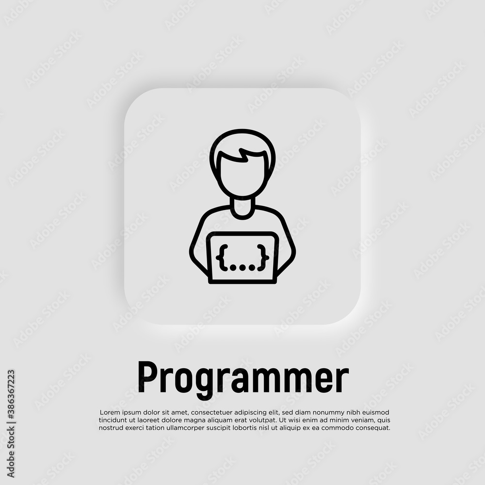 Programmer thin line icon. Coding on laptop. Freelancer, work at home. Vector illustration. Programmer thin line icon. Coding on laptop. Freelancer, work at home. Vector illustration.