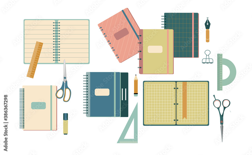 Stationery set in flat style.Back to school concept with different size diary,open and closed notebook,exercise book,scratchpad.Colorful vector scissors,pencils,ruler, protractor,angle.Student tools