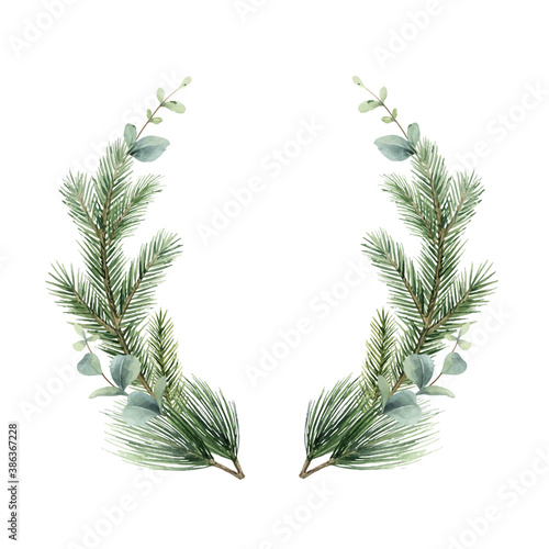 Watercolor vector Christmas wreath with fir branches and eucalyptus.