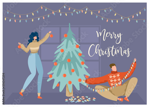 The girl and the guy are decorating the Christmas tree. The man unravels the garland. Merry christmas postcard. Vector illustration.