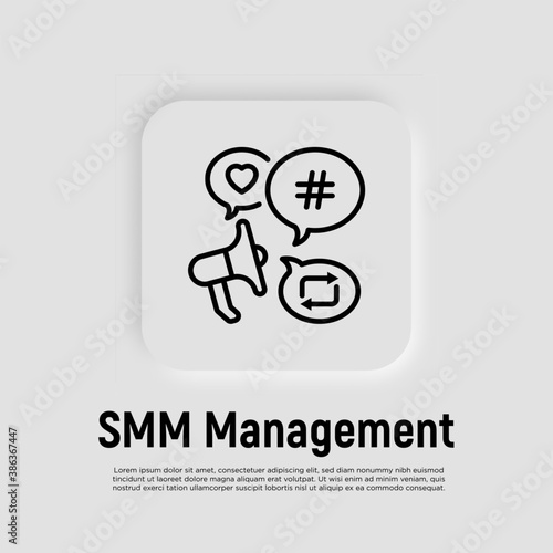SMM management thin line icon: magaphone with speech bubbles that contains hashtag, repost, heart. Digital strategy. Vector illustration.