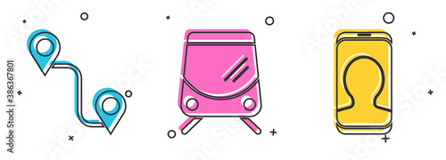 Set Route location, Tram and railway and Taxi call telephone service icon. Vector.