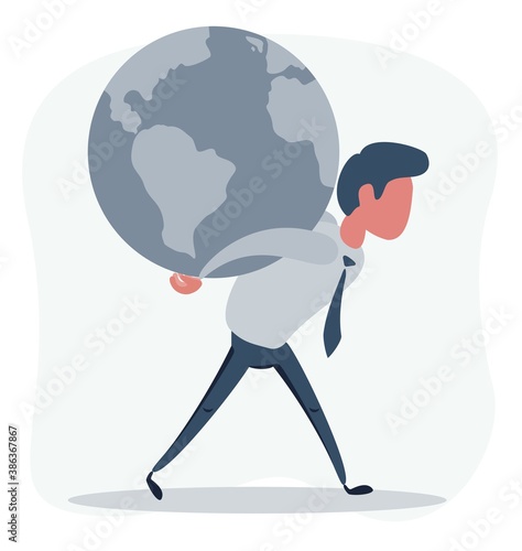 Handsome young man carying the planet earth on its backs, isolated on white