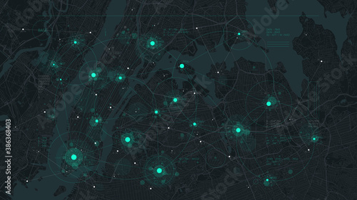 Futuristic technology and network connection concept, big smart city virtual database, digital visualization of big data on New York map background, vector illustration