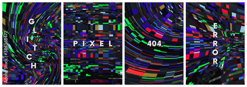 Set of bright vector abstract backgrounds, distortion of many square shapes, glitch effect