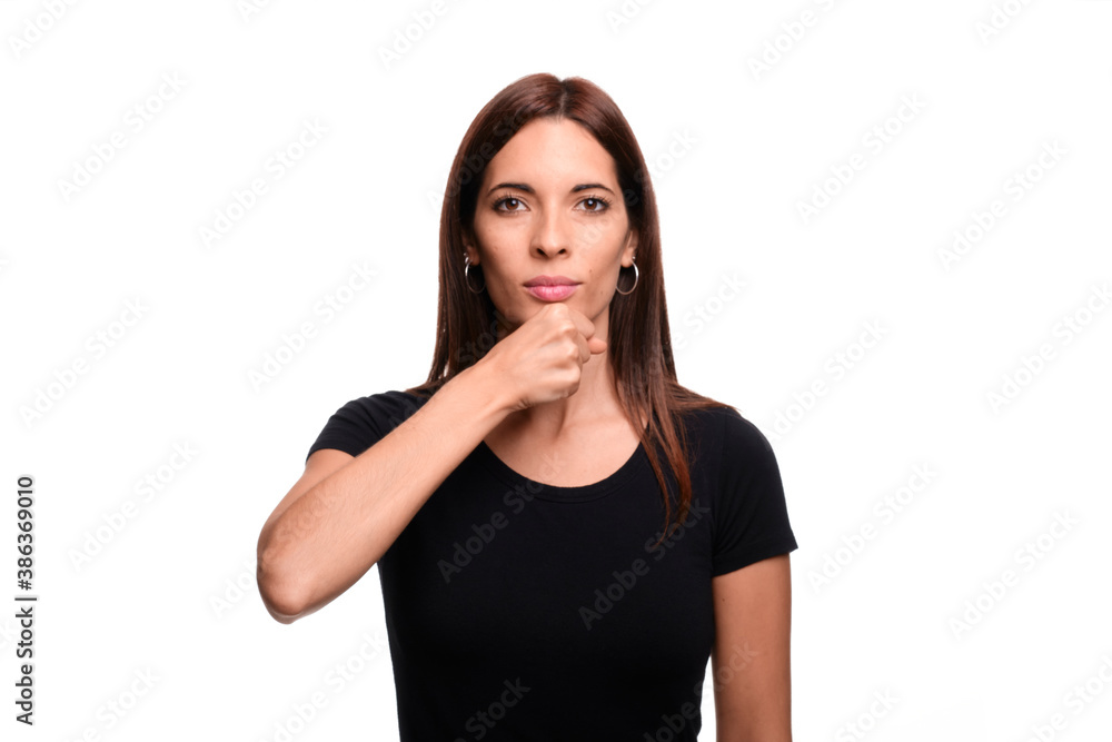 Isolated in white background brunette woman saying grandfather in spanish sign language Isolated in white background brunette woman saying grandfather in spanish sign language