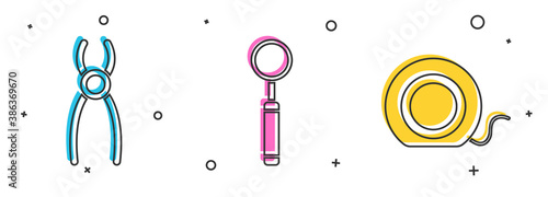 Set Dental pliers, Dental inspection mirror and Dental floss icon. Vector.