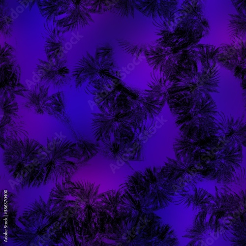 Seamless Miami night tropical pattern black foliage on sunset blur. High quality illustration. Swim  sports  or resort wear repeat print. Dark foreground on blurred background. Dark vibrant colors.