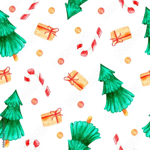 Seamless watercolor pattern  with christmas eve, candy and gif box. Hand drawn illustration can be used for greeting cards, textile printing, wallpaper, wrapping paper and other