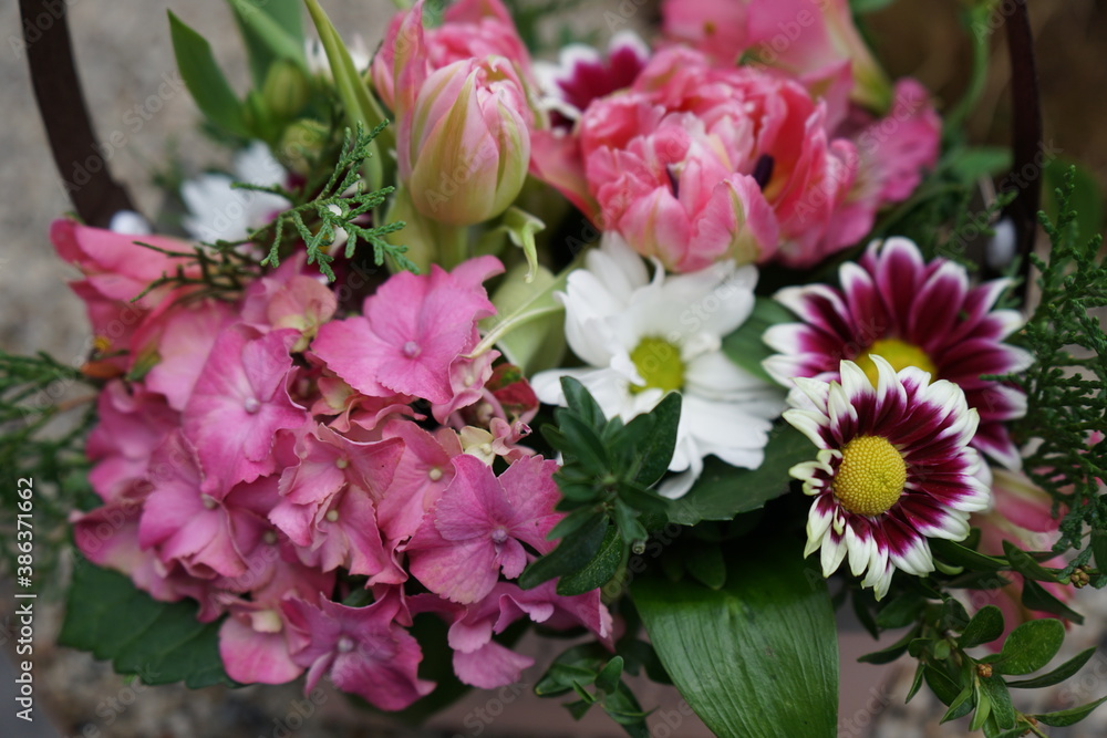 Obraz premium Composition from different flowers. Basket with daisies, tulips and other flowers