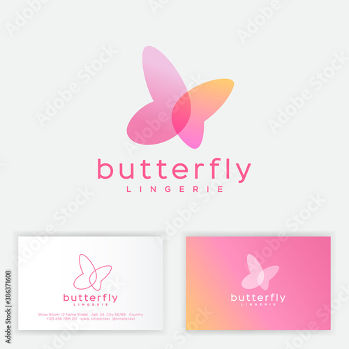 Butterfly logo consist of transparent elements. Emblem can use for jewelry, beauty or spa salon, lingerie and nail care. Business card.
