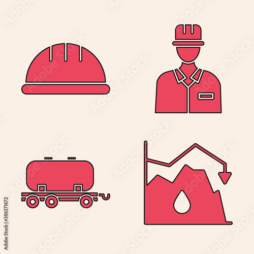 Set Drop in crude oil price, Worker safety helmet, Oilman and Oil railway cistern icon. Vector.