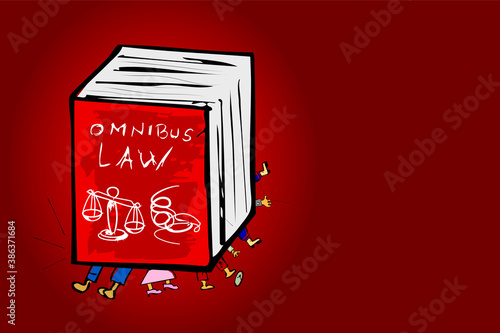 Illustration Vector for Complitcated and Unfair Omnibus Law, Hand Draw Sketch Regulation Bigbook above the labour, at gradient background