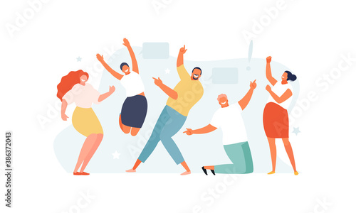 Team of happy dancing and jumping business people. Success and victory. Vector illustration for web, social media
