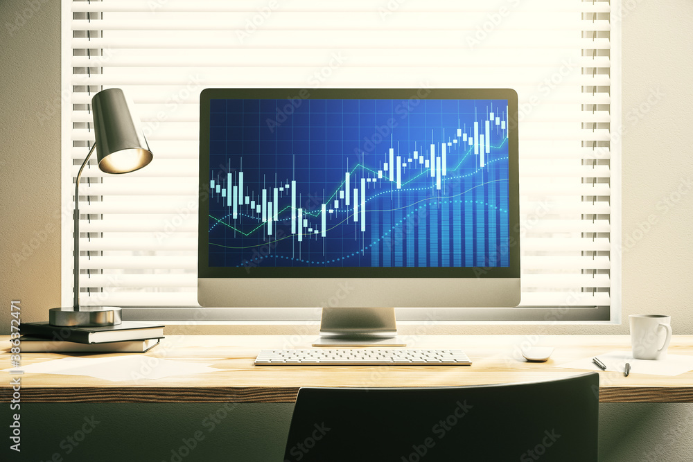 Modern computer display with abstract financial graph, financial and trading concept. 3D Rendering Modern computer display with abstract financial graph, financial and trading concept. 3D Rendering