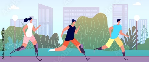 Disabled runners. Adapted lifestyle, handicap athlete outdoor fitness. Special needs people sport competition training vector illustration. Sport disability runner, athlete prosthesis competition
