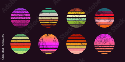 Retro sunsets collection in 80-90s style with grunge texture. Graphic silhouette of the sun on a dark isolated background. Colored gradient. Vintage style for logo icons, templates, poster. Vector.