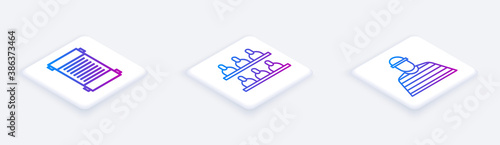 Set Isometric line Decree, paper, parchment, scroll, Jurors and Prisoner. White square button. Vector Illustration.