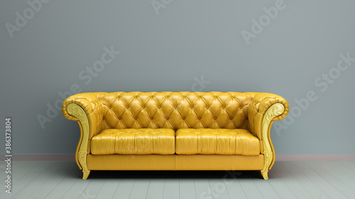 Fototapeta Naklejka Na Ścianę i Meble -  simple room interior render yellow color presentation with white leather sofa  3d render image