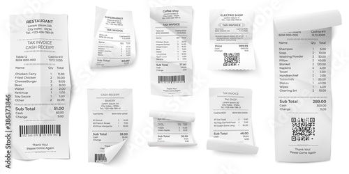 Receipts bill. Atm paper prints, paying ticket shop or store purchase invoice. Isolated realistic supermarket cash order vector collection. Pay receipt paper, finance print invoice illustration photo