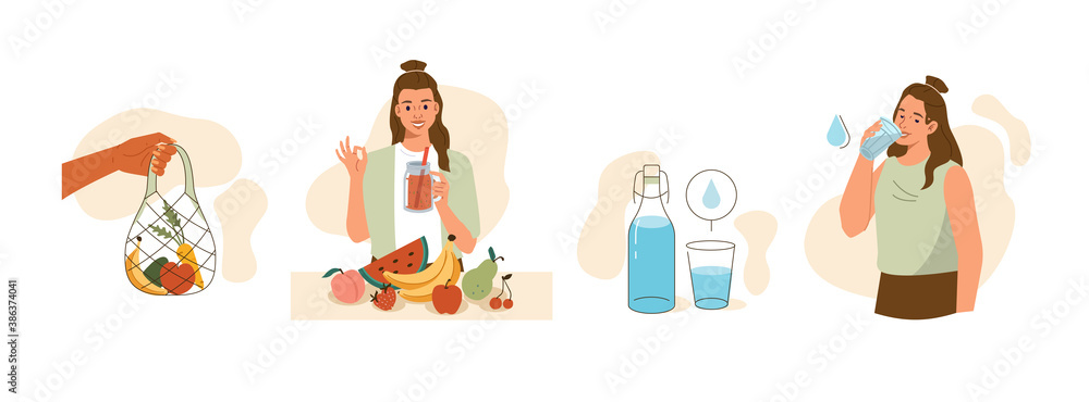 Woman Take Care of Her Health and Nature. She Buying Natural Food in Turtle Bag, Eating Vegetables and Drinking More Water. Healthy and Sustainable Lifestyle Concept. Flat Cartoon Vector Illustration.