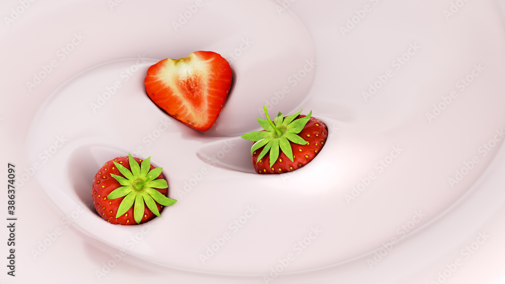 Strawberry float in a yogurt Presentation of dairy products flavored 3d render image Strawberry float in a yogurt Presentation of dairy products flavored 3d render image