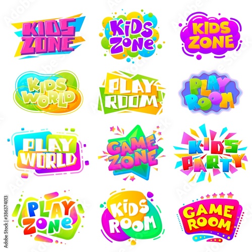 Kids zone labels. Fun kid game logo, sports party gaming sign. Play room children entertainment banner, playground texting sticker vector set. Baby zone and child area, leisure playroom illustration