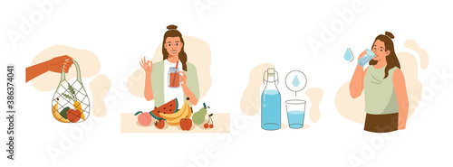 Woman Take Care of Her Health and Nature. She Buying Natural Food in Turtle Bag, Eating Vegetables and Drinking More Water. Healthy and Sustainable Lifestyle Concept. Flat Cartoon Vector Illustration.