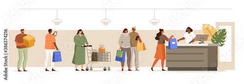 People Characters holding Shopping Bags waiting in Line in front of Cash Desk. Customers Queue in Retail Shop or Supermarket. Sales and Discount Season. Flat Cartoon Vector Illustration.