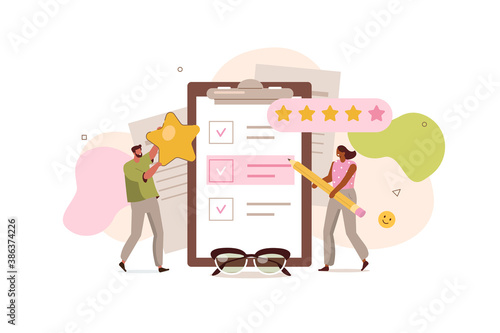 People Characters Filling Test Online in Customer Survey Form. Woman and Man putting Check Mark on Checklist. Customer Experiences and Satisfaction Concept. Flat Cartoon Illustration.