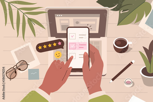 Human Hands Holding Smartphone and Filling Survey Form. Character Putting Check Marks on Checklist, Giving Five Star Feedback and Review. User Experience Concept. Flat Cartoon Vector Illustration.