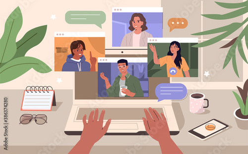 People Character working Remote at Home and using Laptop for Video Meeting with Colleagues and Friends. Online Discussion and Video Conference Concept. Flat Isometric Vector Illustration.