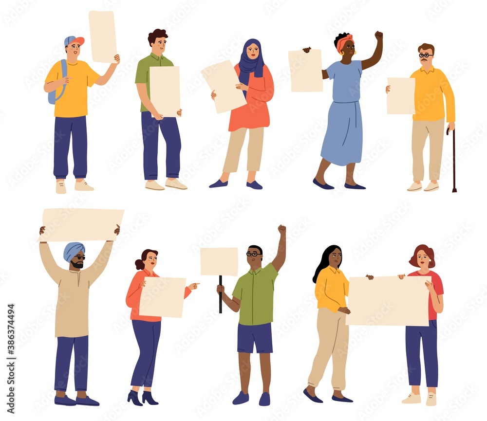 Obraz premium People with placards. Protest characters, male women protesters hold banners. Isolated cartoon activist, demonstration persons vector set. Illustration woman and male demonstration