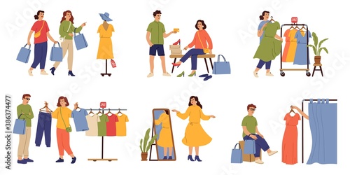 Customers in boutique. Inside fashion store, young woman buy dress clothes. People choosing apparel, beautiful store interiors vector set. Woman boutique store, buyer female character illustration