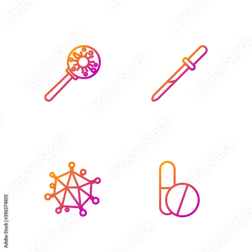 Set line Medicine pill or tablet, Virus, under magnifying glass and Pipette. Gradient color icons. Vector.