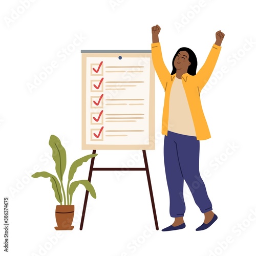 Business woman checklist. Success girl, office working board with tasks. Young entrepreneur goal or plan ready, survey list vector concept. Business checklist, woman check list done illustration
