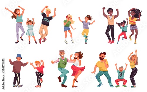 Dancing family. Young people, fun kid parents disco dance. Children and couple enjoy good time, happy dad child mother vector characters. Illustration man and female dance, mother and father