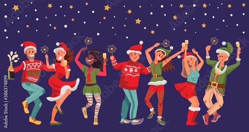 Christmas festive people. Fun woman man, young friends dance on new year party. Happy person with drinks sparklers celebrate xmas vector set. Illustration christmas celebration, happy fun party