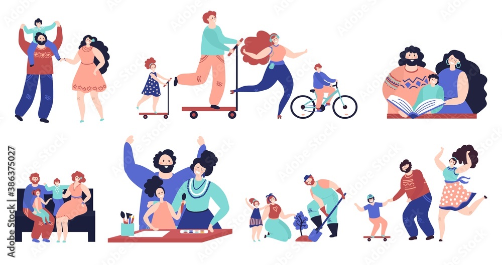 Fototapeta premium Family spend time together. Parents walking, isolated kids play home and outdoor. Young mother father reading drawing with child vector set. Illustration family together spare time happiness
