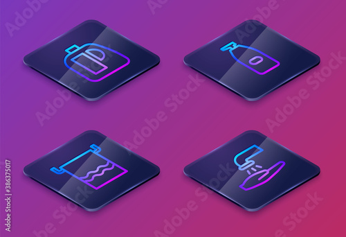 Set Isometric line Bottles for cleaning agent, Towel on hanger, of liquid antibacterial soap and Washing hands with. Blue square button. Vector.