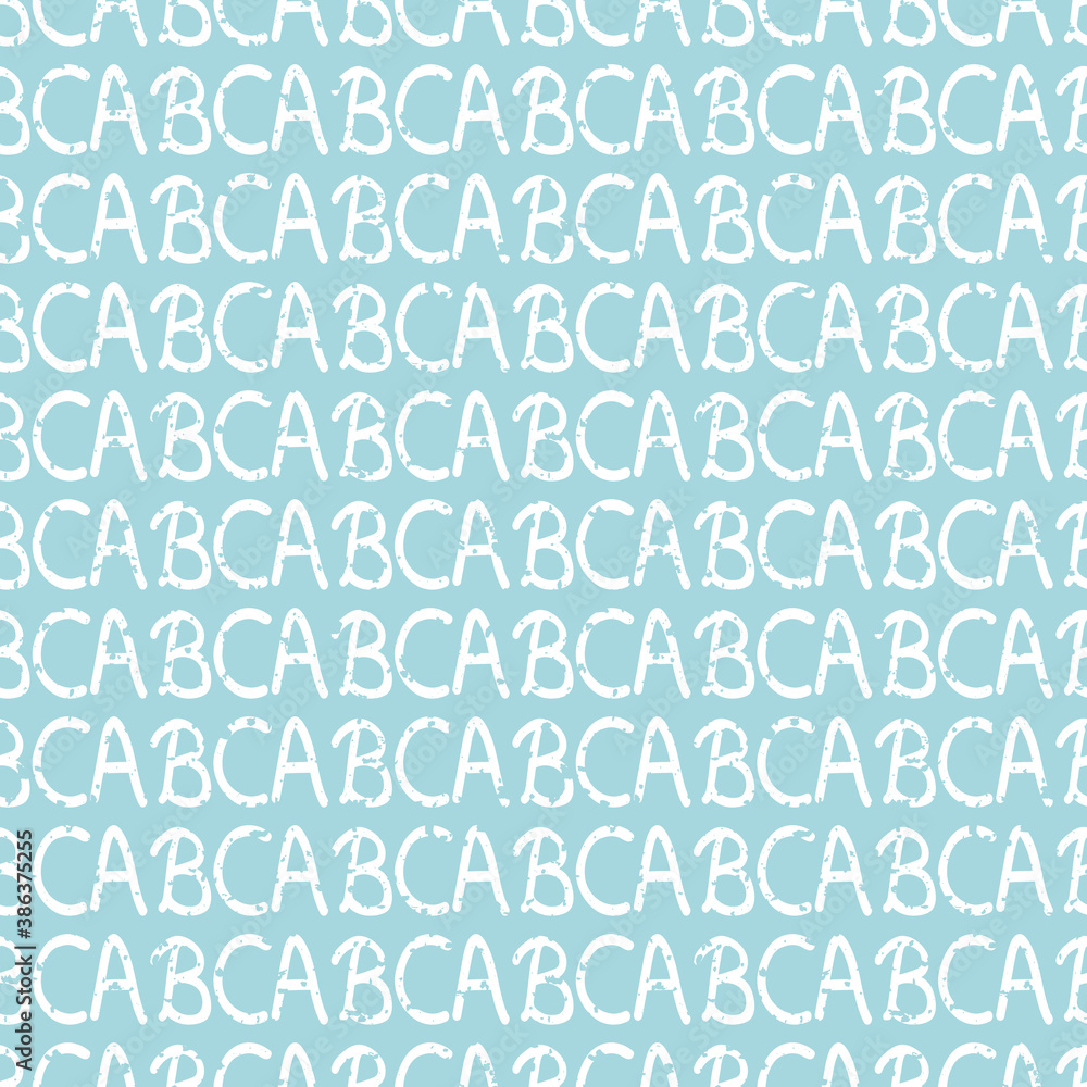 Hand written rows of ABC font seamless pattern background. Blue white backdrop with modern hand lettering childlike style. Geometric linear typography repeat for education, back to school concept.