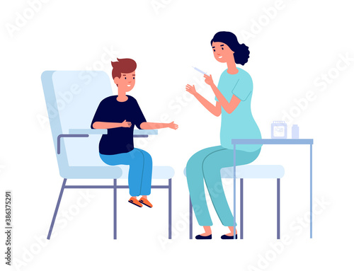 Boy vaccination. Nurse with syringe injects child. Disease or flu, virus prevention and protection vector illustration. Immunization and vaccination, infection protection
