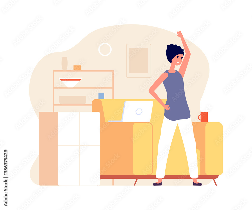 Fitness time. Girl stretching, woman doing exercices. Home office worker, freelance vector illustration. Activity sport at workplace, daily yoga exercise Fitness time. Girl stretching, woman doing exercices. Home office worker, freelance vector illustration. Activity sport at workplace, daily yoga exercise