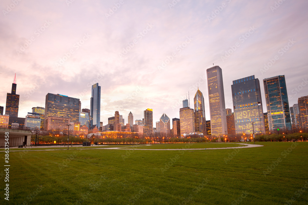 Skyline of Chicago at sunset, USA