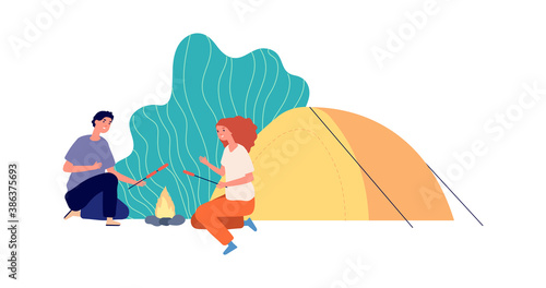 Outdoor relax. Hiking, eco tourism camping. Couple with tent and fire cooking sausages. Happy travellers vector characters. Illustration tourism outdoor, adventure camp and travel