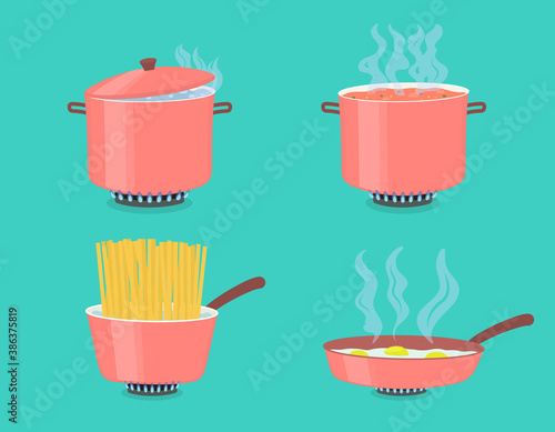 Cooking pots and pan on gas stove. Boiled water in pots, pasta in casserole or saucepan and scrambled eggs in dripping pan, flat cartoon vector illustration