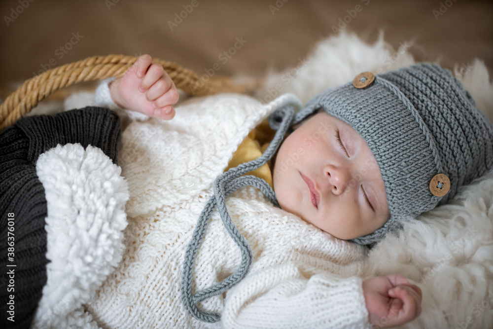 Portrait of a sleeping baby in a warm knitted hat with a knitted toy in the handle on a blurred background. Healthy sleep concept. Portrait of a sleeping baby in a warm knitted hat with a knitted toy in the handle on a blurred background. Healthy sleep concept.